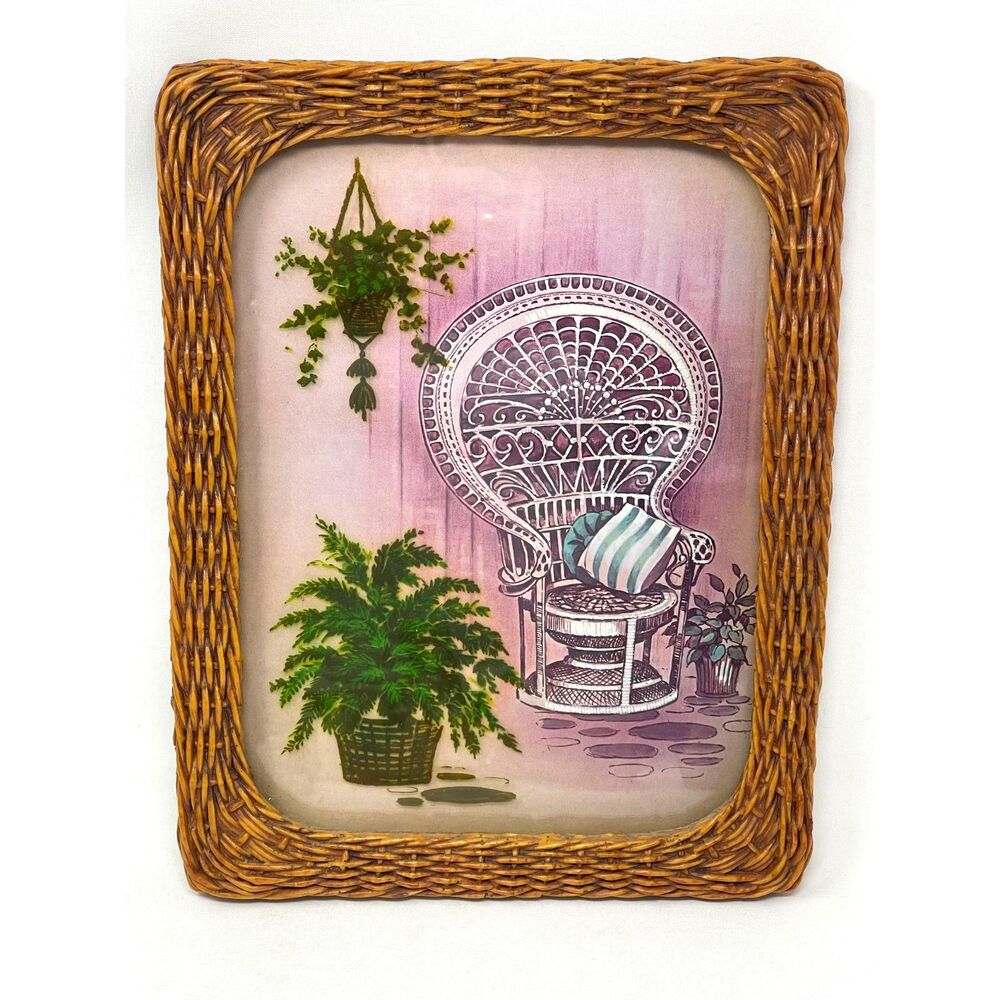 VTG 70s Boho Rattan Framed Peacock Chair Picture Framed Wicker Plants 13"x9.5"